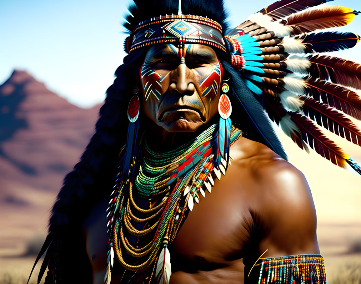 Native American headdress with feathers and face paint in desert scene