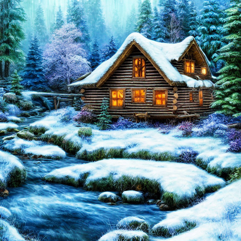 Snowy forest log cabin by stream under twilight sky