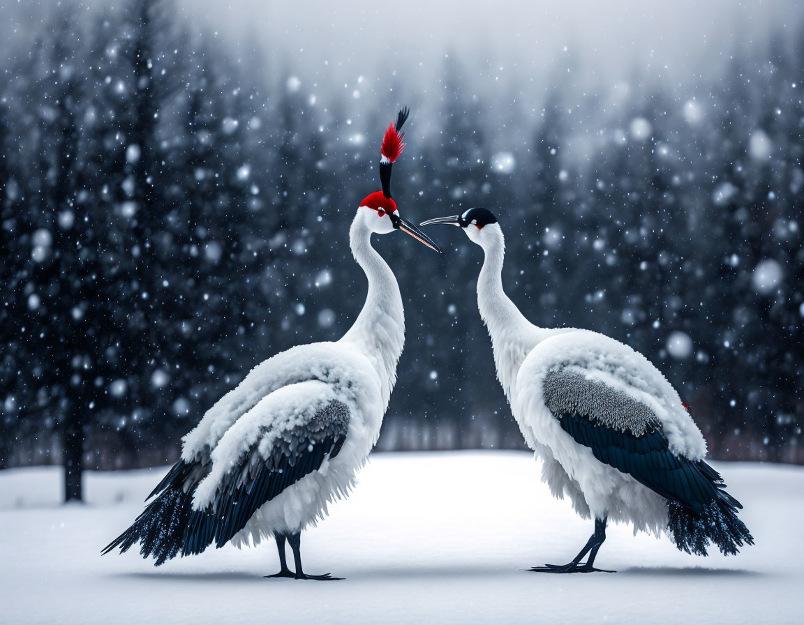 Red-Crowned Cranes Courting in Snowy Landscape