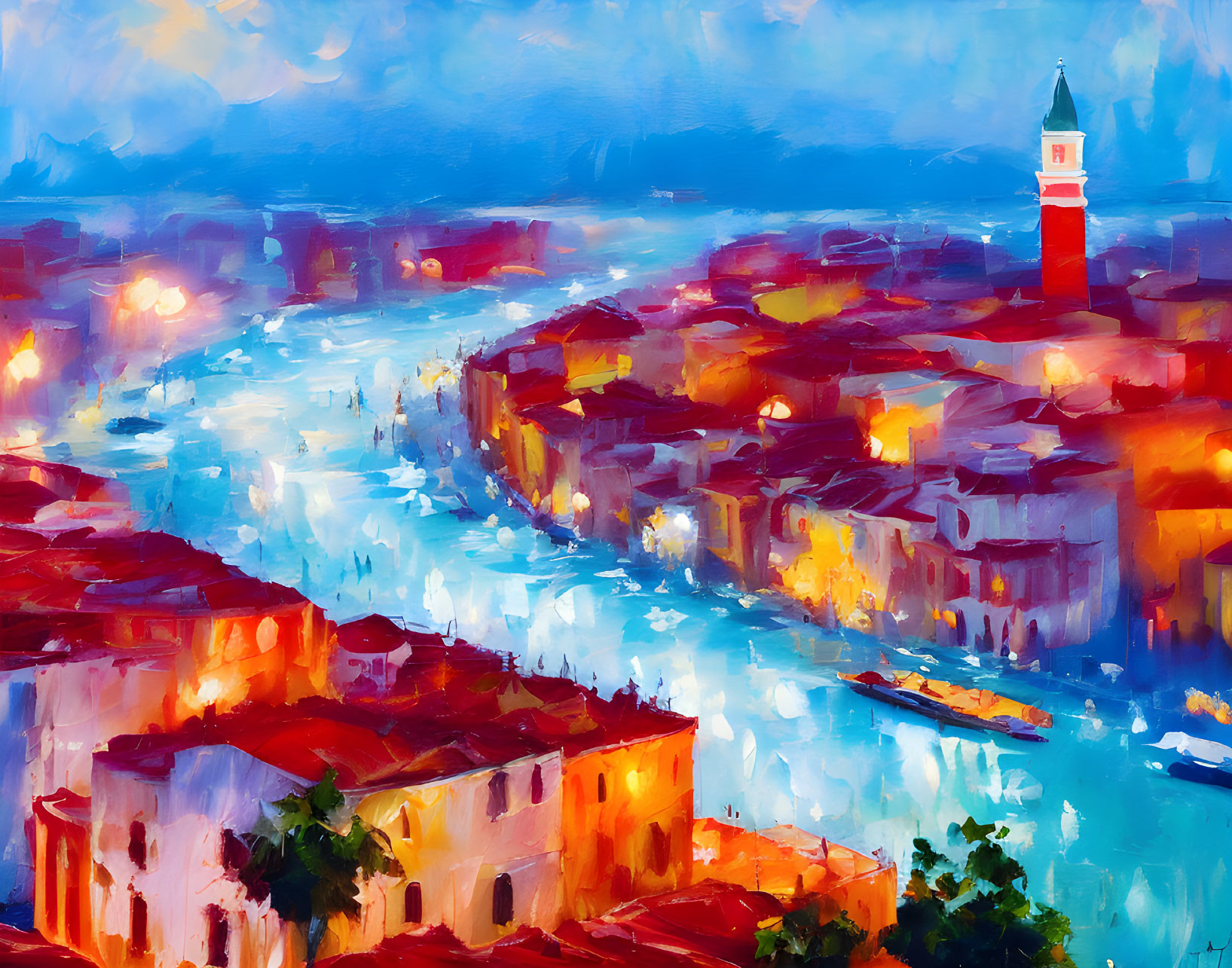 Vibrant oil painting: coastal city at dusk, warm-toned buildings, red clock tower,