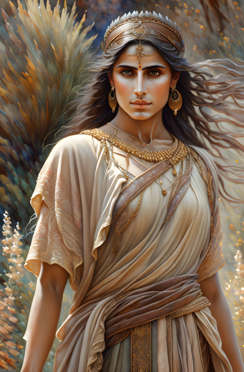 Illustrated woman in traditional attire with flowing hair and golden jewelry against nature backdrop