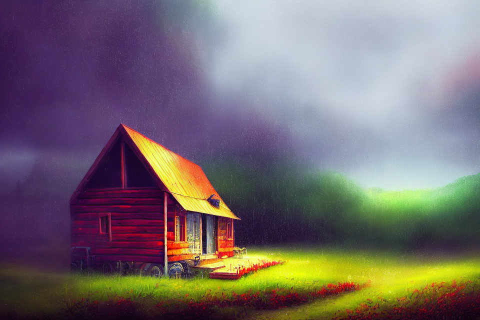 Red cabin with tin roof in misty meadow under dramatic sky