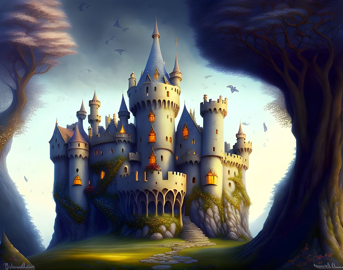 Digital illustration of fairytale castle in twilight with rolling hills and birds.