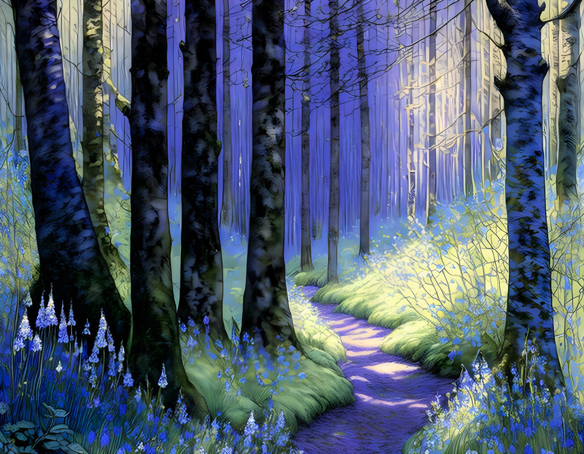 Enchanting forest scene with glowing flowers and winding path