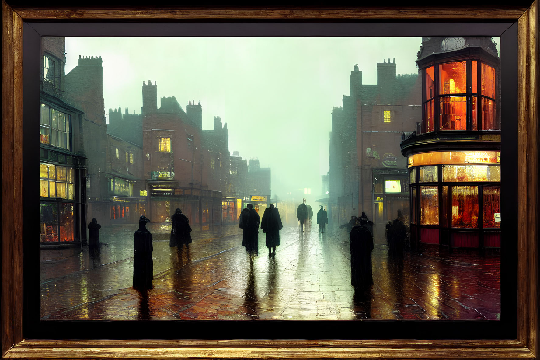 Framed image of people walking on rainy cobblestone street