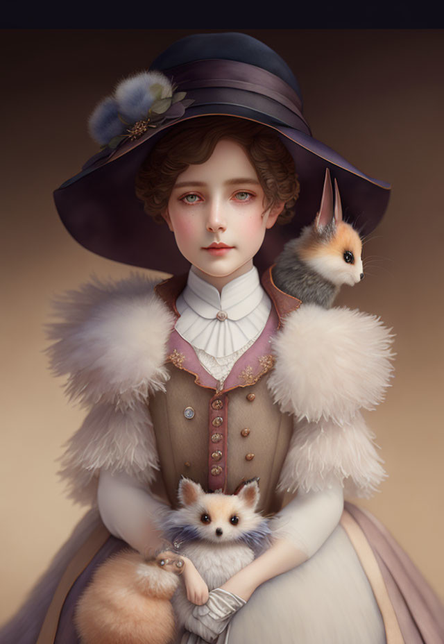 Digital Portrait of Young Woman in Vintage Clothing with Bunnies