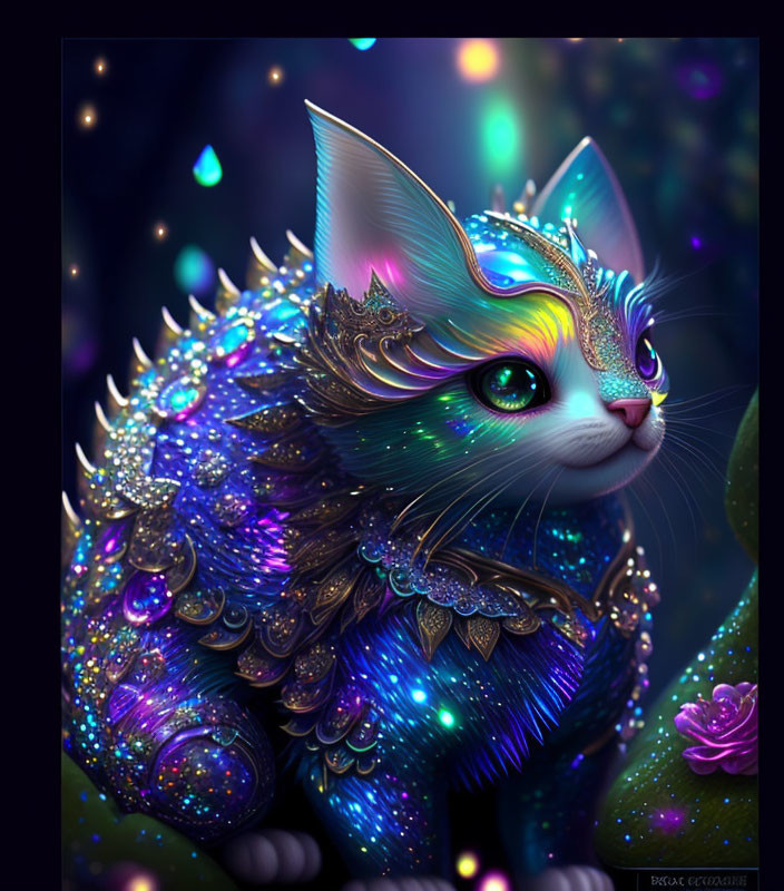 Mystical cat with blue fur and golden mask on dark background