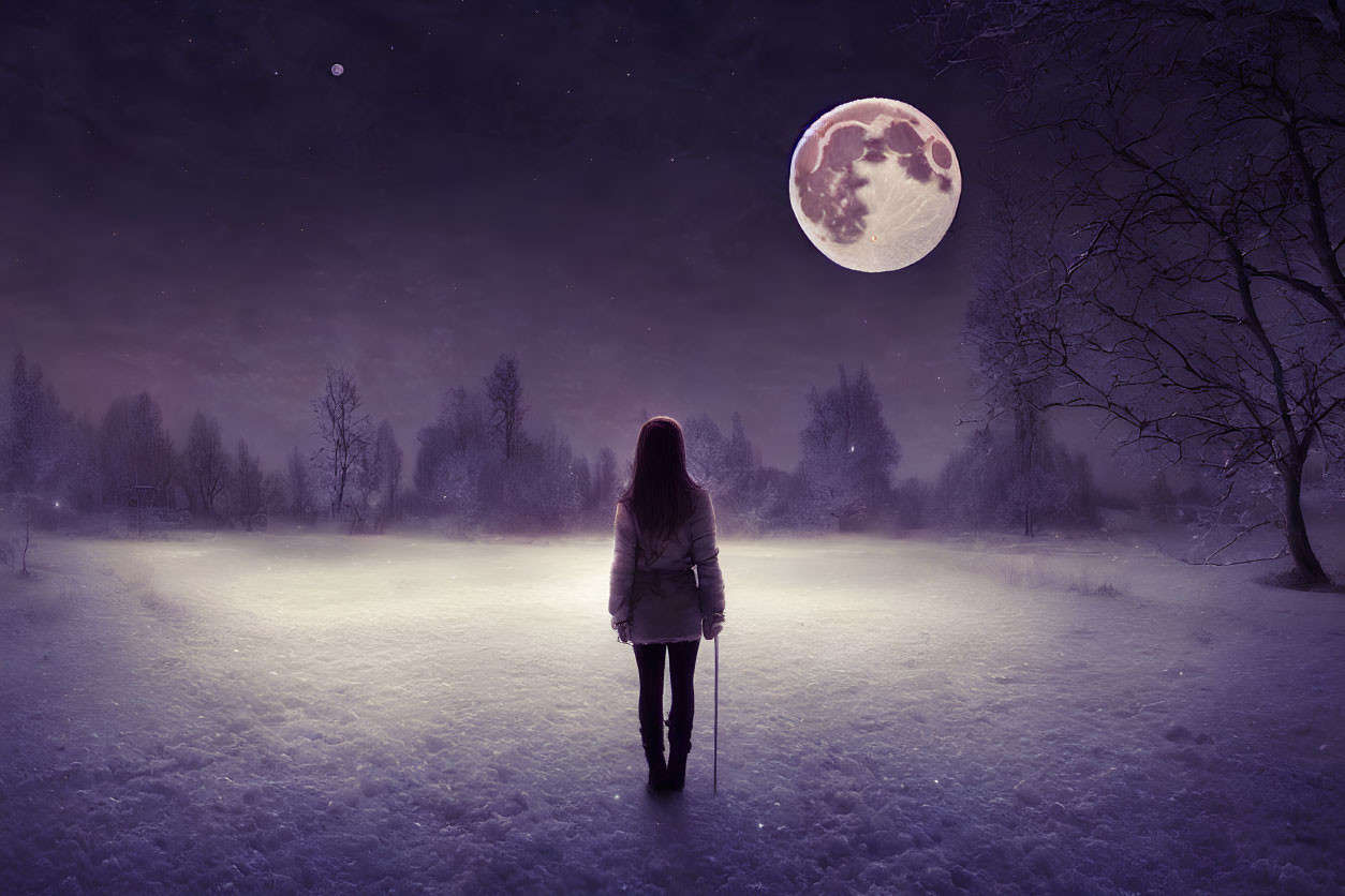 Person standing in snowy landscape under luminous full moon and stars.