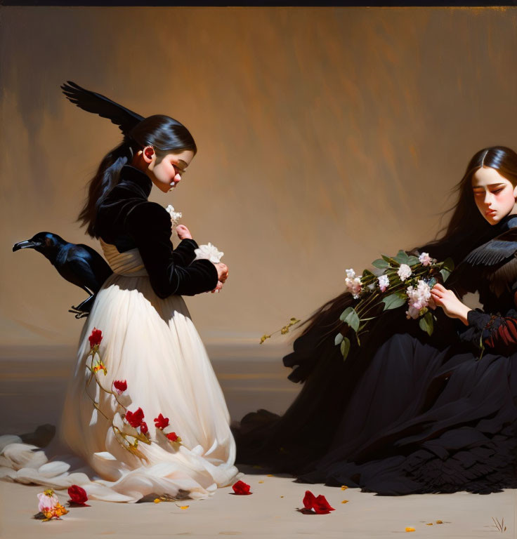 Two women in elegant dresses with crow and flowers in fallen petals setting.