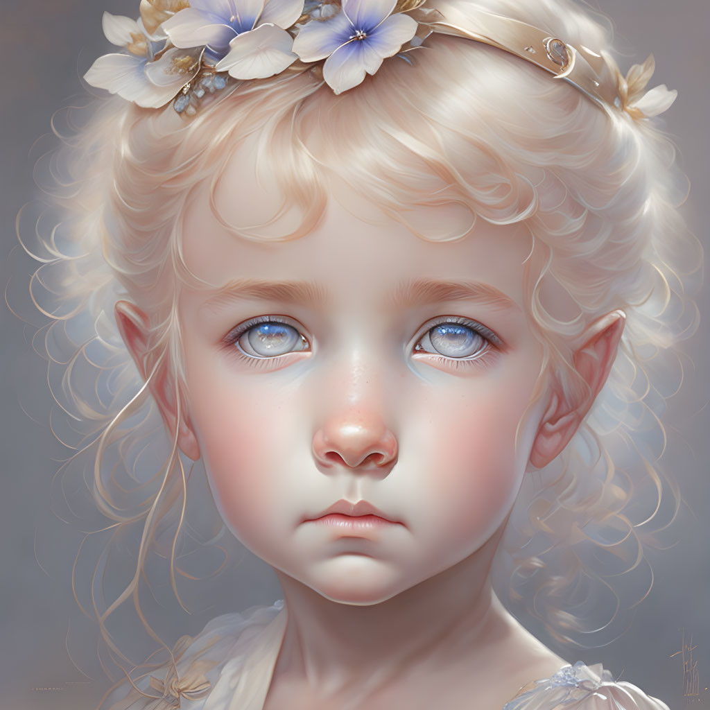 Young girl digital art portrait with blue eyes, blond hair, flowers, and elf-like ears