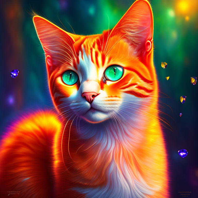 Colorful digital artwork: Orange cat with green eyes and crystals on vibrant background