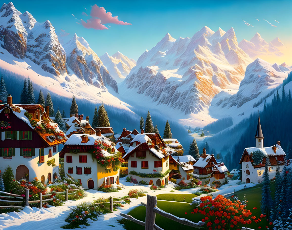 Snowy Alpine Village with Charming Cottages and Vibrant Flowers