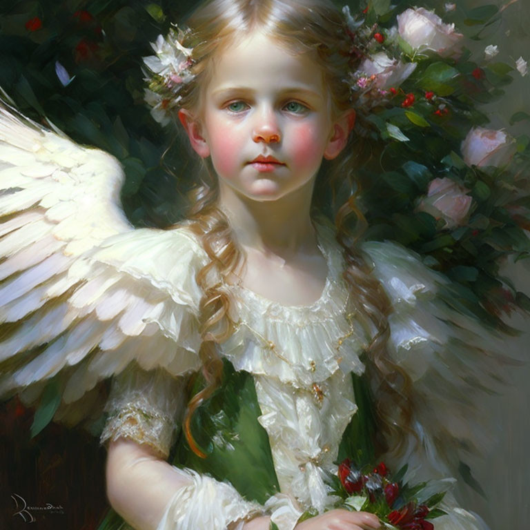 Young girl with angel wings and floral wreath in detailed painting