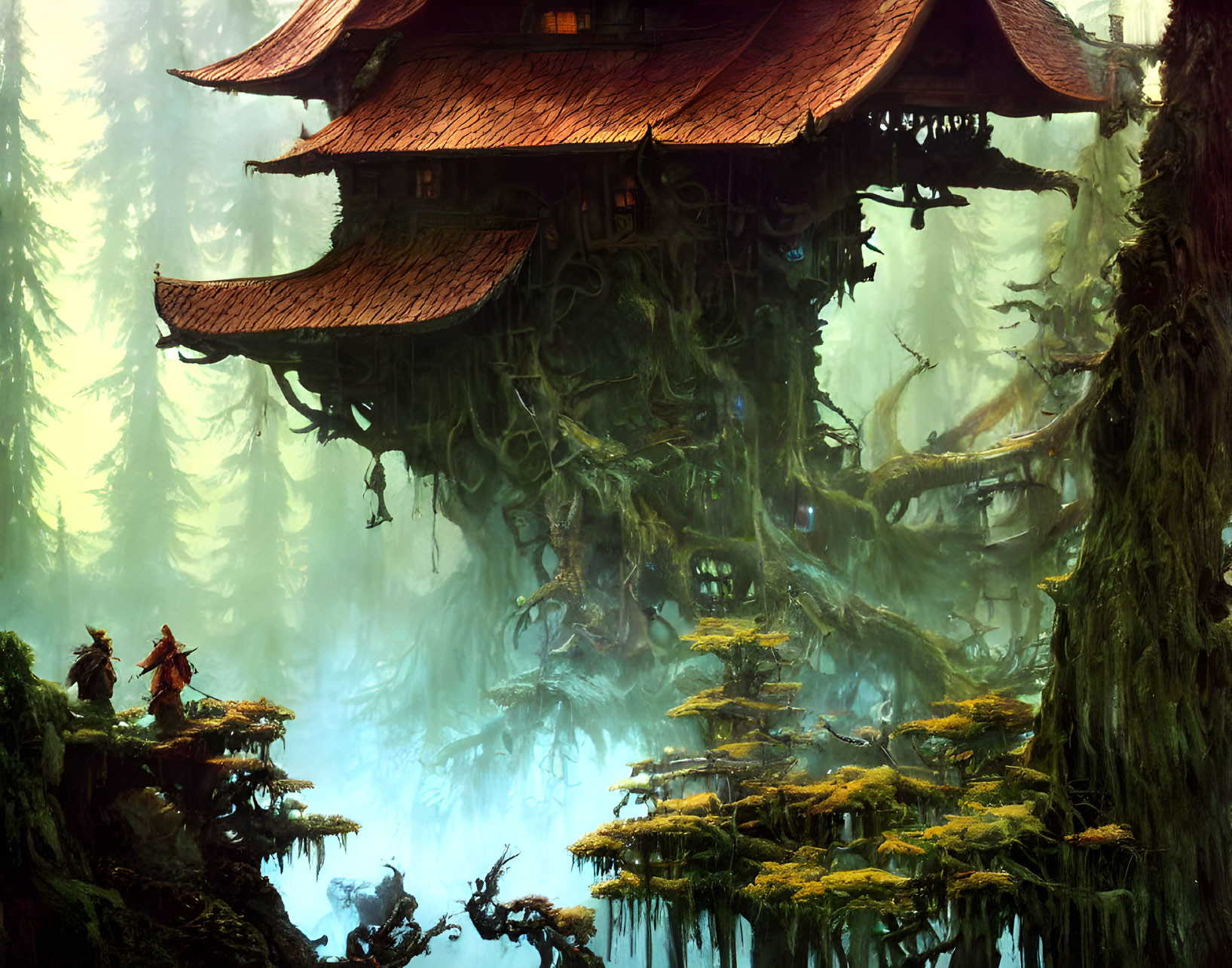 Ancient tree-shaped building in mystical forest with figures in traditional attire