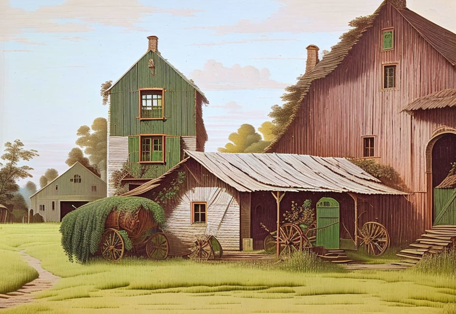 Green wooden buildings and horse-drawn wagon in rustic farm setting