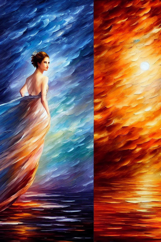 Woman in elegant gown against vibrant blue and fiery orange abstract background.