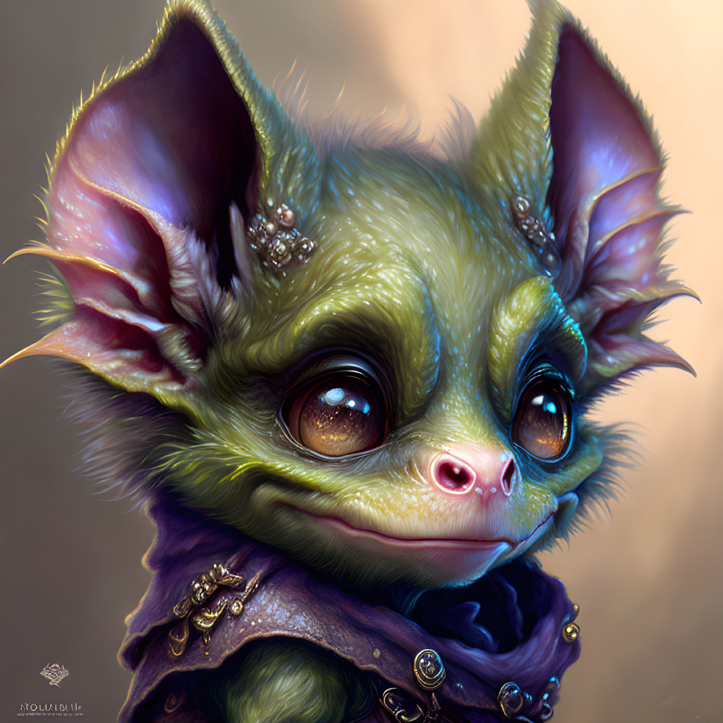 Green bat fantasy creature illustration with large eyes, crystals, purple garment.