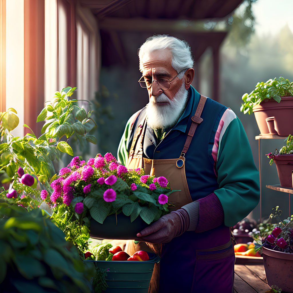 Elderly man with white beard holding pink flowers in garden