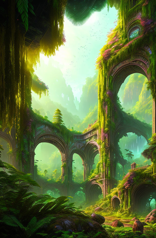 Verdant forest with vine-covered ruins and archways in sunlight.