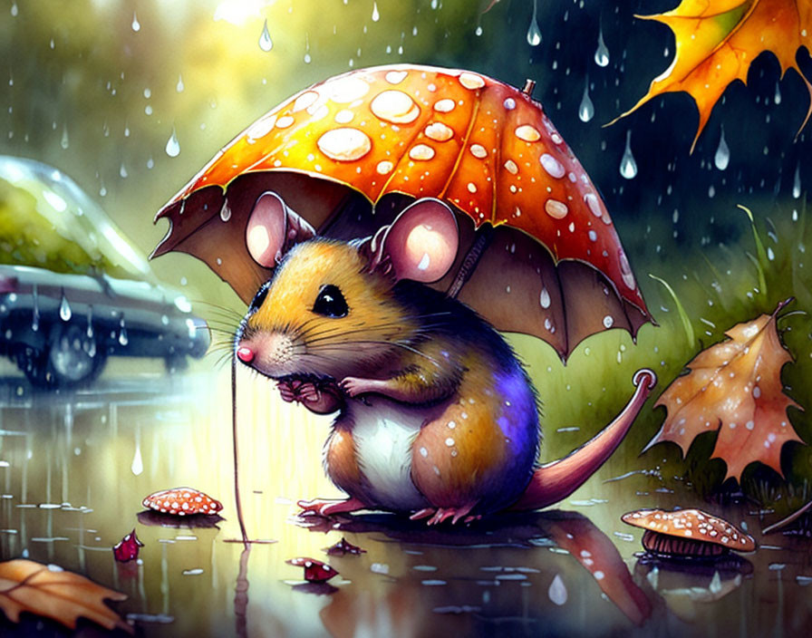 Illustrated mouse with mushroom umbrella in autumn rain.