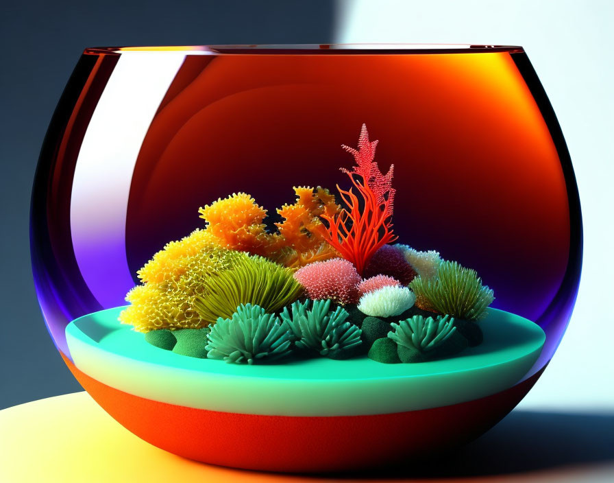 Colorful Digital Artwork of Fishbowl with Coral and Sea Plants