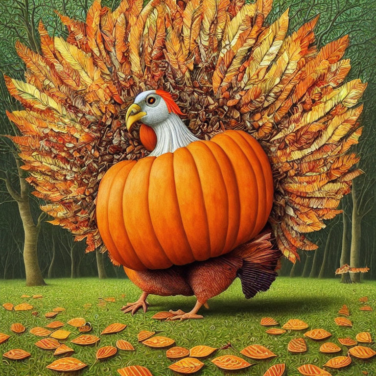 Whimsical chicken with pumpkin body in autumn setting