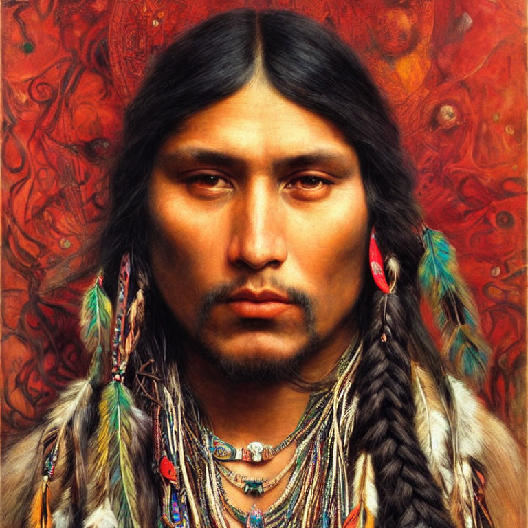 Native American man portrait with long braided hair and feather adornments