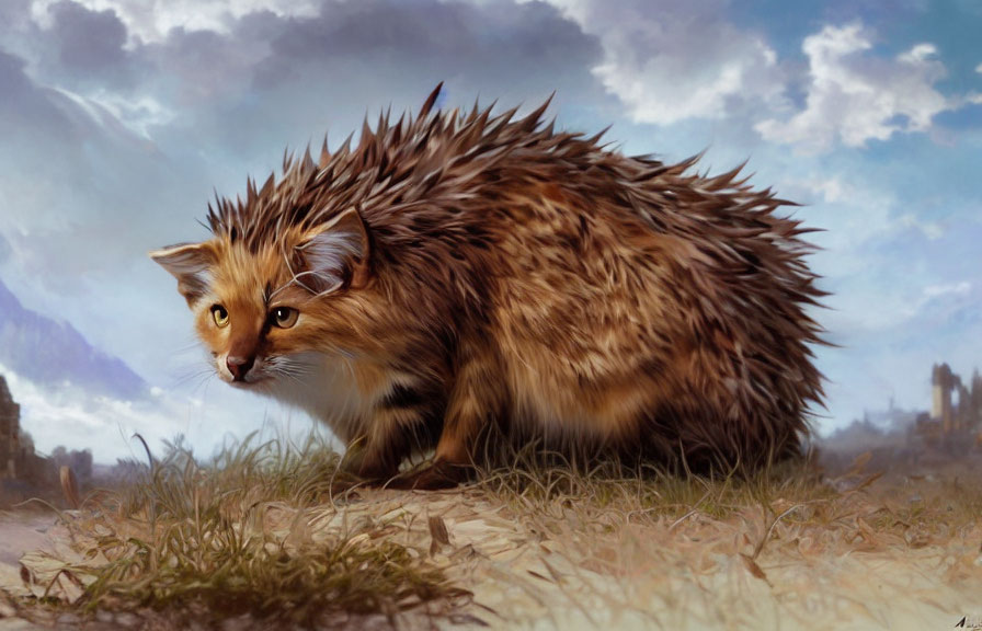 Fantasy cat creature with oversized fur in cloudy sky scenery