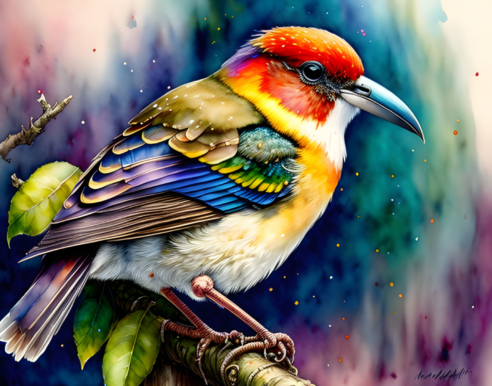 Colorful bird with sharp beak perched on branch, vibrant hues and detailed feathers.