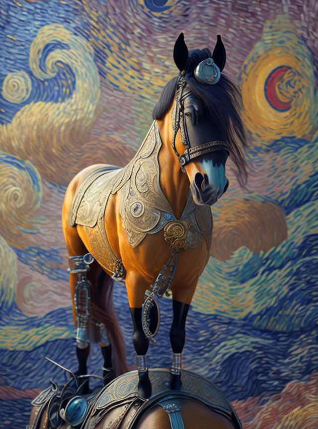 Majestic horse with ornate bridle in Van Gogh-style starry night setting