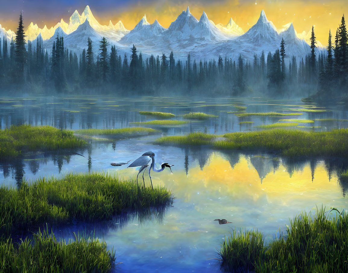 Tranquil Dusk Scene: Snowy Mountains, Reflective Lake, Heron, Greenery