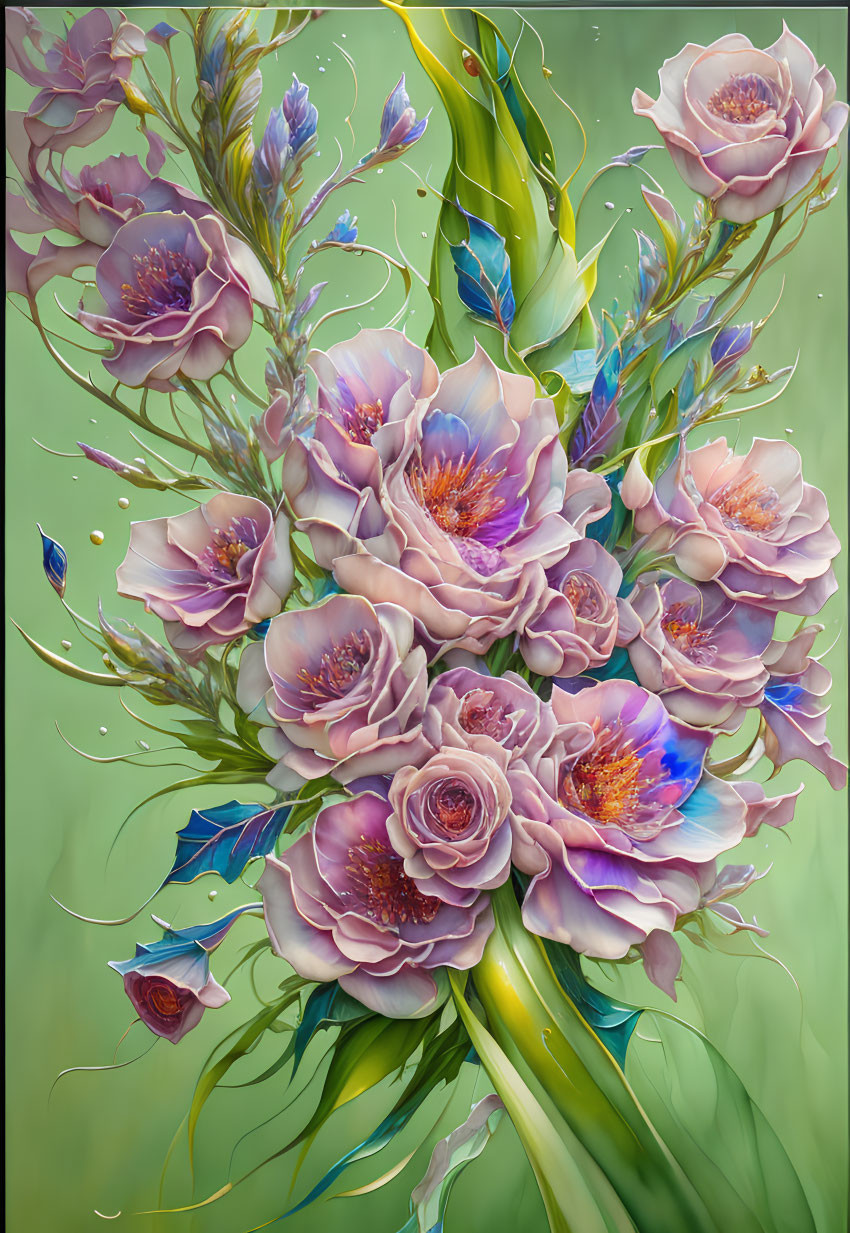 Detailed digital painting of vibrant bouquet with pink roses, blue accents, and green stems on soft green backdrop