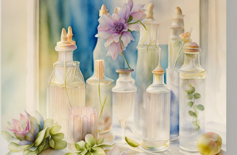 Elegant transparent glass bottles with flowers and succulents on pastel backdrop