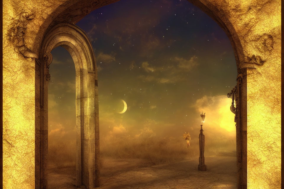 Archway leading to fantasy landscape with starry sky, crescent moon, lantern, and figure with