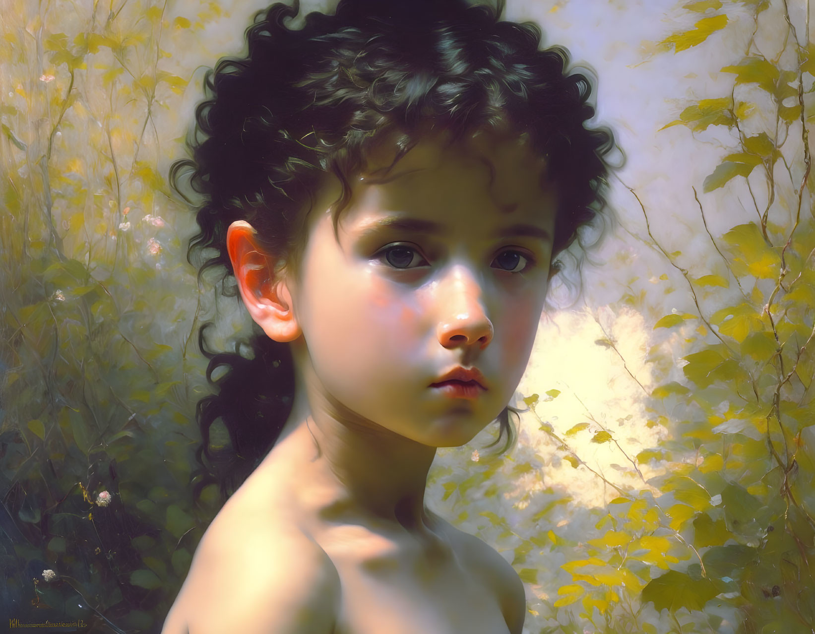 Young child with curly hair in contemplative pose amid yellow foliage