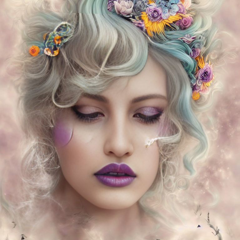 Woman with Pastel Hair, Purple Lipstick & Floral Adornments