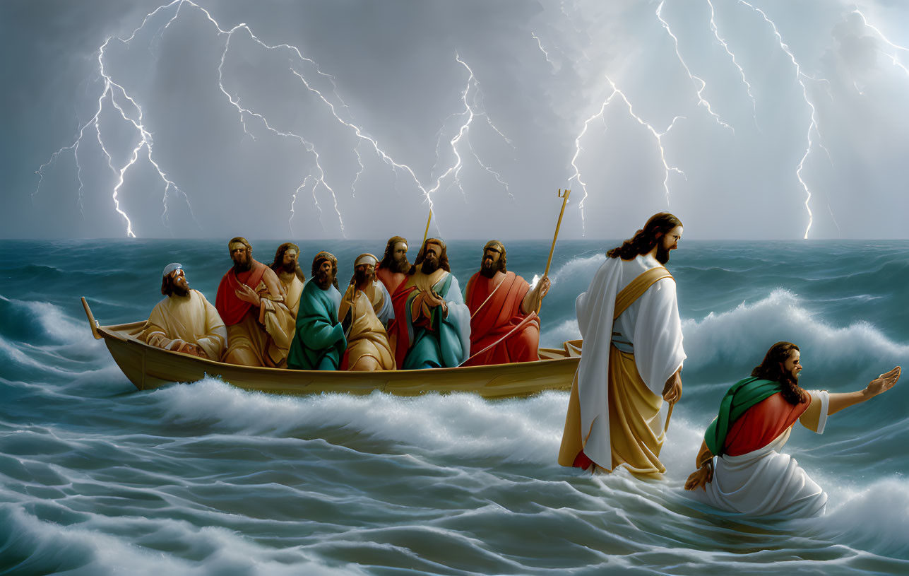 Men in boat during storm with lightning; one at bow, one on water with outstretched arms