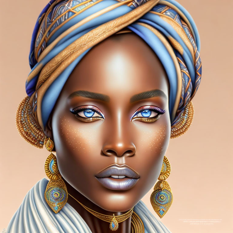 Vibrant digital portrait of a woman with blue headwrap and striking makeup