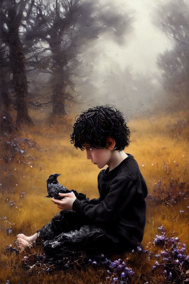 Curly-Haired Child in Black Outfit Holding Bird in Misty Field