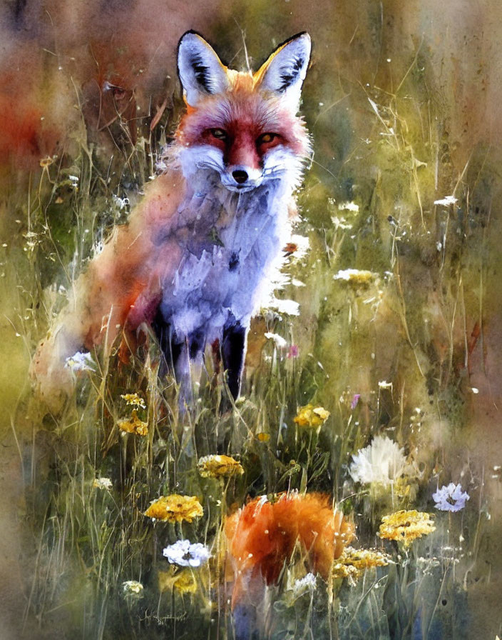 Vivid Watercolor Painting: Fox in Wildflower Setting