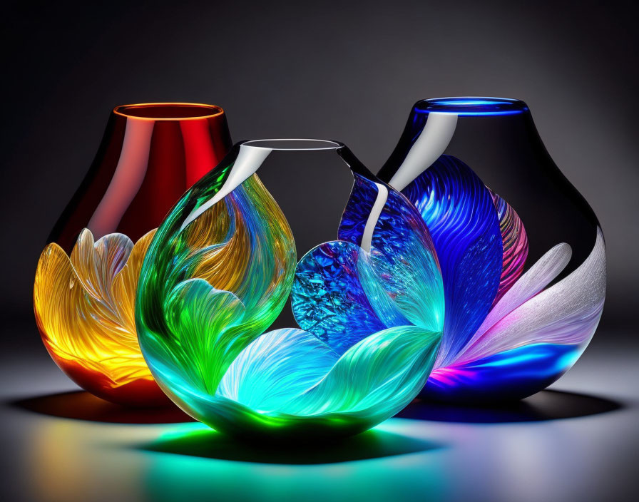 Translucent Glass Vases with Feather Patterns on Dark Gradient Background