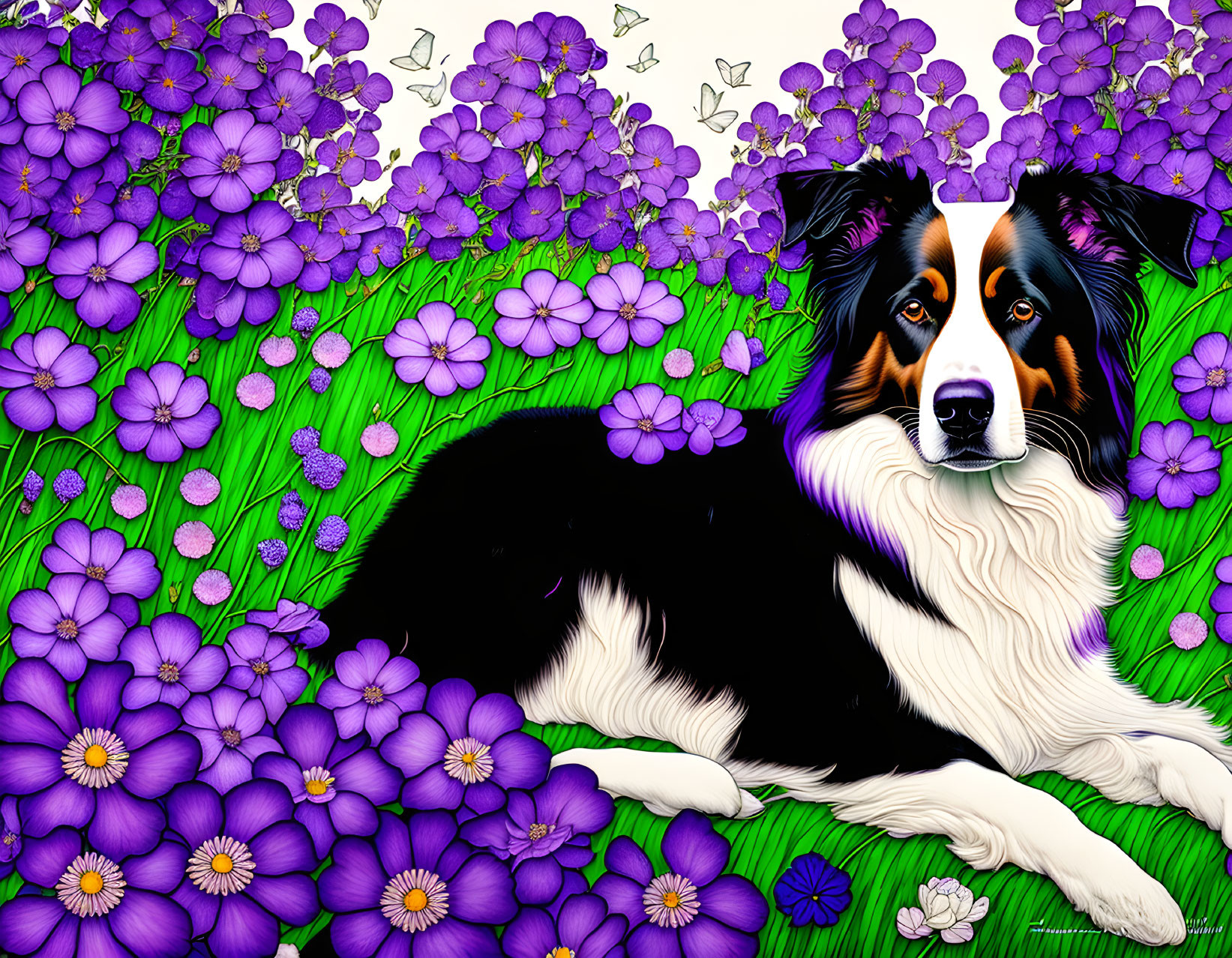 Detailed black and white dog with brown markings in a floral field with butterflies