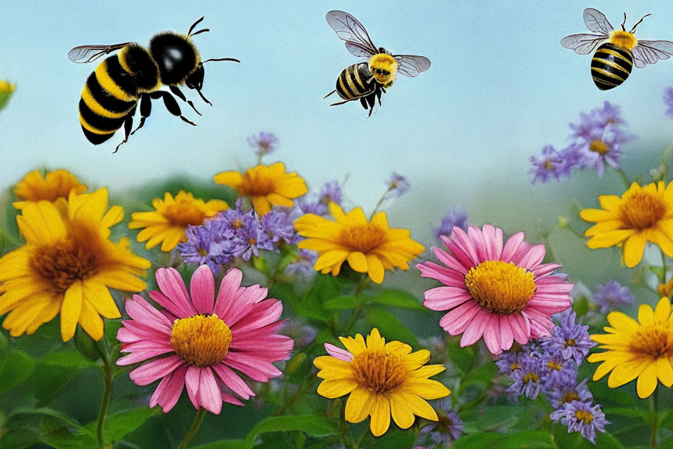 Colorful wildflowers with bees flying over them