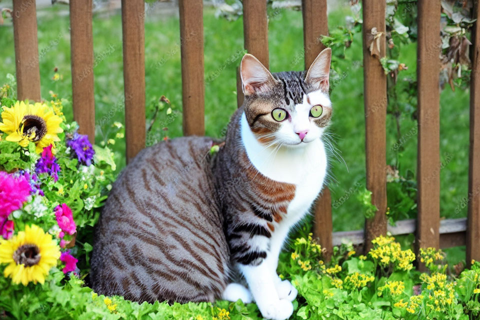 Striped Cat with Green Eyes Among Colorful Flowers and Wooden Fence