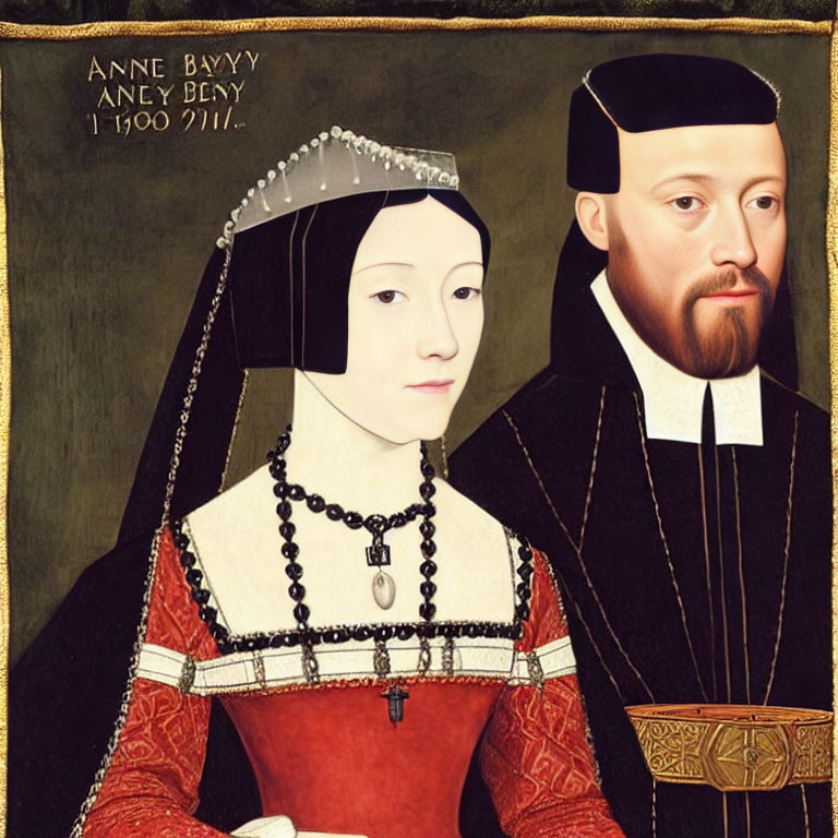 Tudor-era portrait of royal couple in black and red outfits