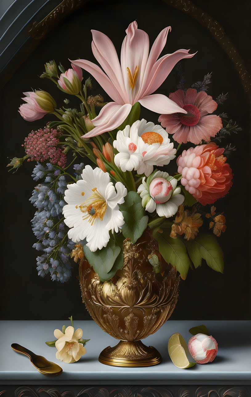 Colorful flower still life with golden vase, brass spoon, and candies on reflective surface