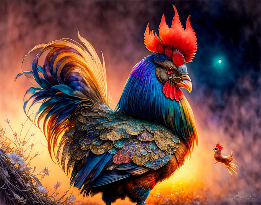 Colorful Roosters Against Dramatic Sky