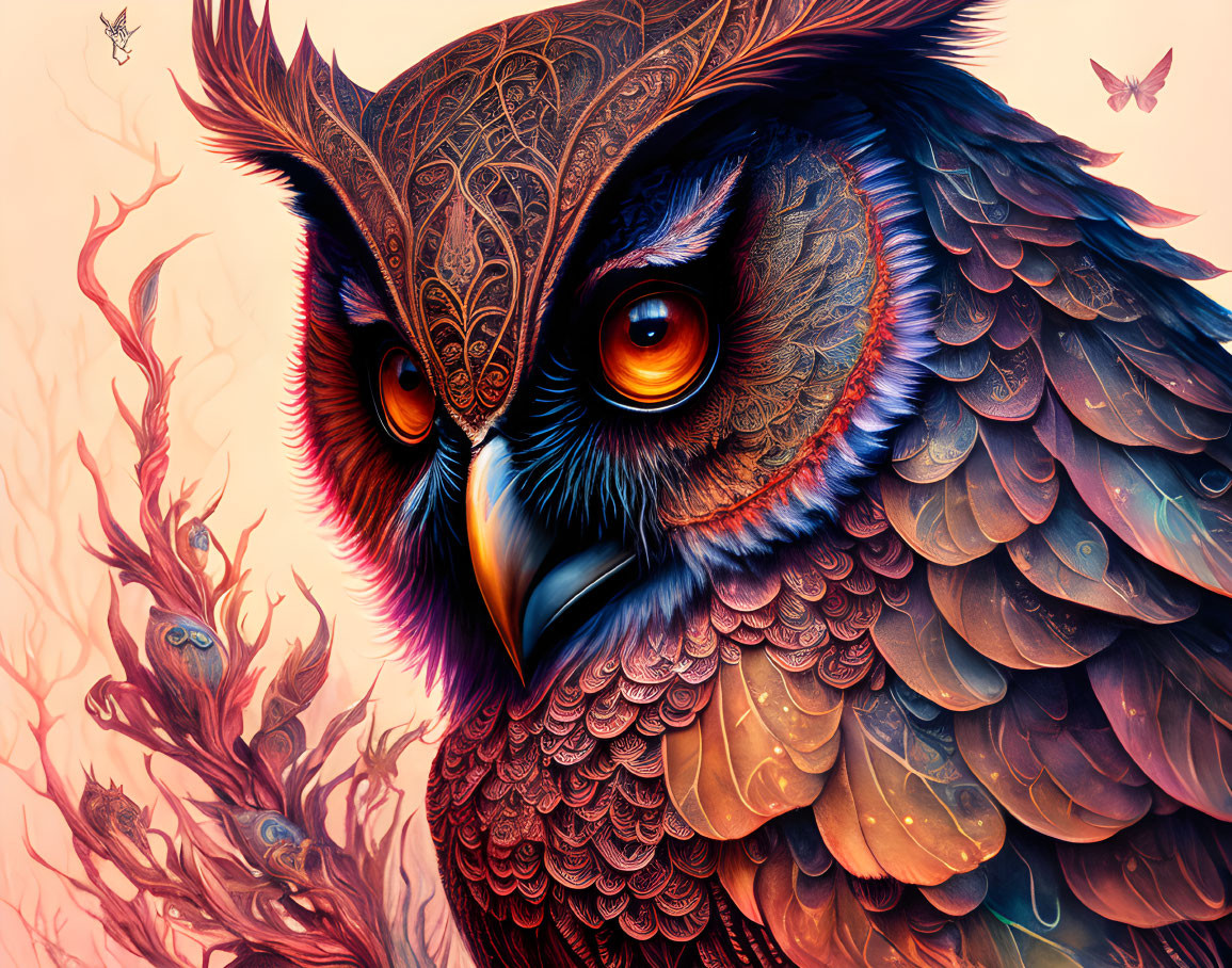 Colorful digital artwork: Owl with intricate patterns, glowing eyes, butterflies