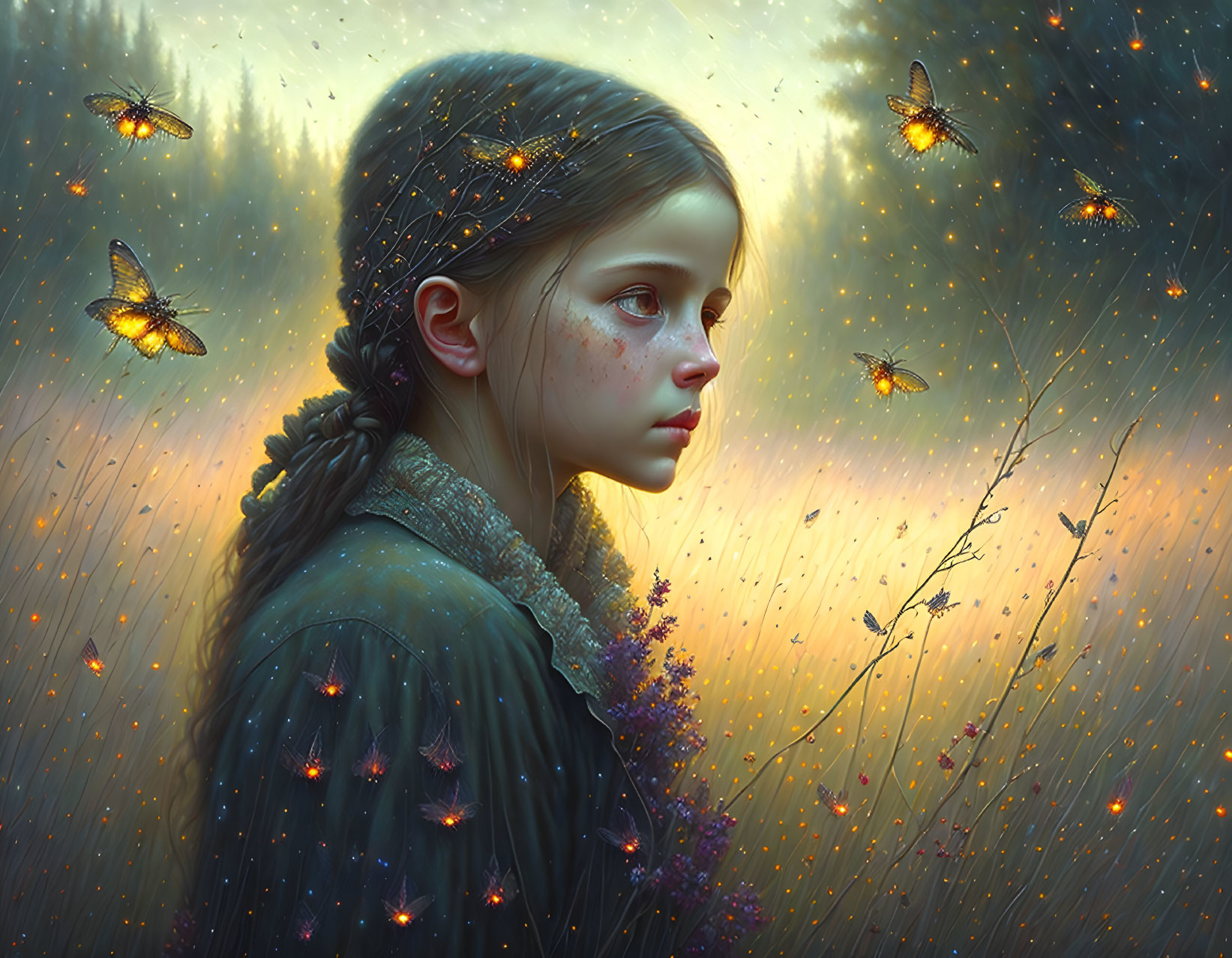 Young girl with braided hair in twilight meadow with glowing butterflies