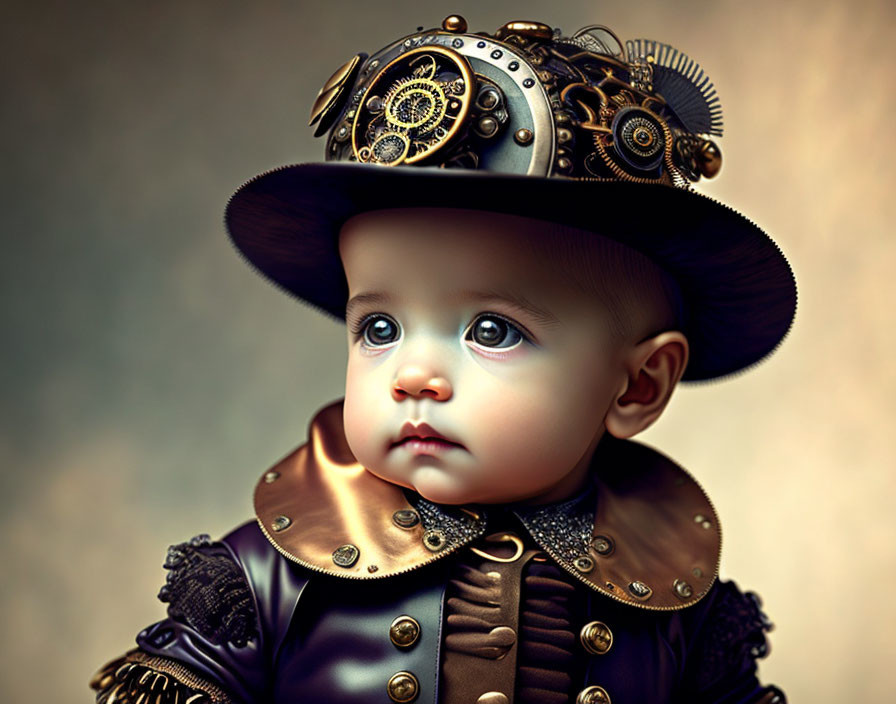 Steampunk-themed baby wearing decorated attire with metallic gears and rivets